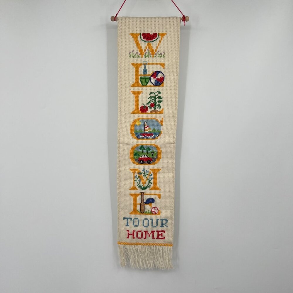 Vintage counted cross stitch hanging welcome sign spring summer activities color